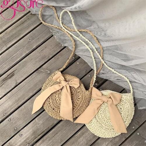 Gusure Sweet Summer Beach Wind Crossbody Woven Bag with Bowknot Handmade Crochet Sling Shoulder Bag for Female Round Straw Bags