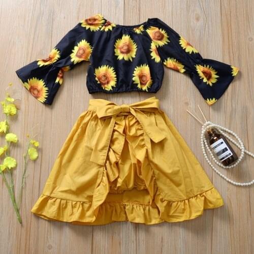 Girls Long Sleeve Sunflower Top+Inner Shorts+Tie Mid-length Skirt Kids Boutique Clothing Wholesale Toddler Girl Clothes 2021