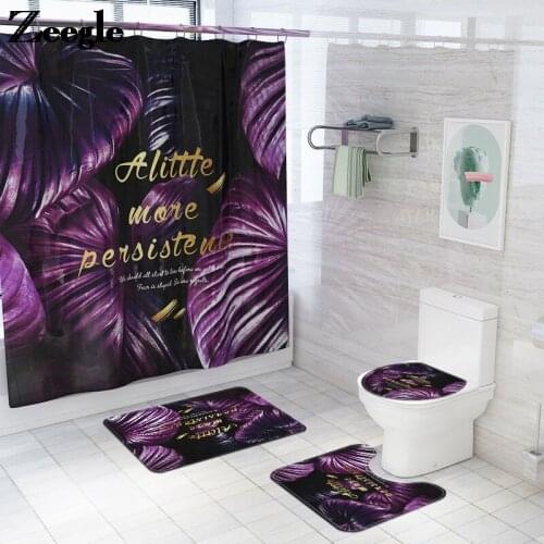 Waterproof Shower Curtain and Flannel Bath Mat Set Purple Flower Printing Bathroom Carpet Rug Memory Foam Toilet Seat Cover Mat