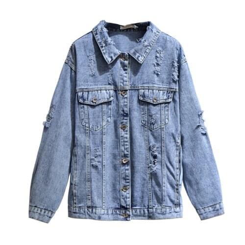 Plus size womens denim jacket spring and autumn new fashion hole denim jackets Korean style loose long sleeve top overcoat