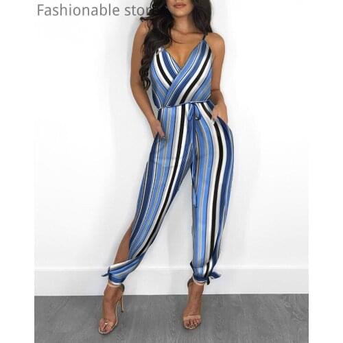 Women Summer Spaghetti Strap Leg Slit Jumpsuits Casual Striped Print Backless Rompers