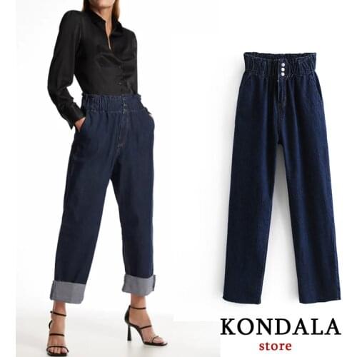 KONDALA Women 2021 Chic Fashion Folded Up Jeans Za Fashion Elastic Waist Wide Leg Zipper Fly Denim Female Trousers Streetwear