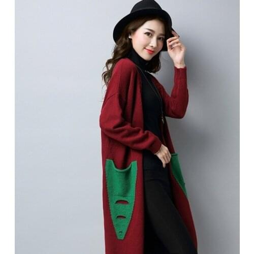 Womens Cardigan Patchwork Casual Female Knitting Fashion Ladies Sweater Long Coat Harajuku Loose Fit Outerwear Women Clothes New