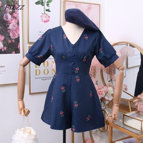 FTLZZ Deep V-neck Beach Playsuits Women Vintage Floral Print High Waist Wide-legged Shorts Pants Button Slim Holiday Jumpsuits