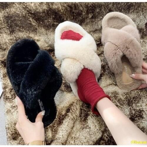 Winter Women House Furry Slippers Fashion White Faux Fur Warm Shoes indoor Slip on Flats Female Home Slides Black Plush Slippers