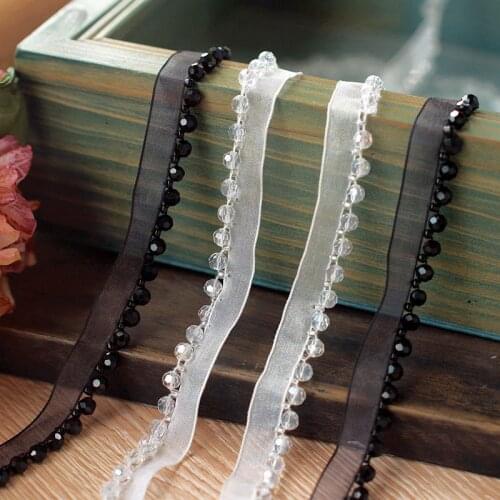 1Meter Black White Crystal Lace Trims Beaded Ribbon For Sewing Clothing Collar Headdress Hair Accessories Gauze Lace Decoration