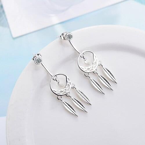 100% 925 Sterling Silver Korean Moon Dream Catcher Stud Earrings for Women 2020 Vintage Sterling Silver Feather Tassels Jewelry