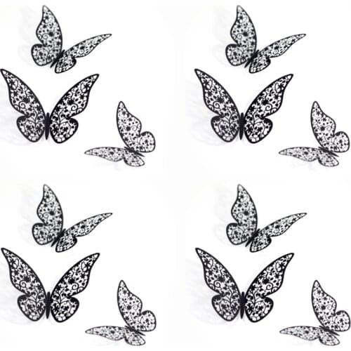 12pcs Hollow 3D Butterfly Wall Sticker for Wedding Decoration Living Room Window Home Decor Black Butterflies Sticker Wall Decal