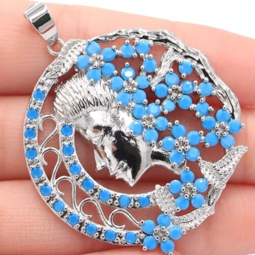 2018 New Designed Big Moon Goddess Blue Turquoise Christmas Present Silver Pendant 51x39mm