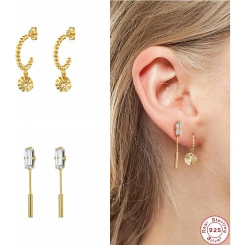 GS 925 Sterling Silver Long Pin Shape Square Zircon Stud Earrings For Women Small Round Disc Pendant Beads Circle Ear Stud