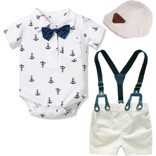 Baby Boys Hat Clothes Navy Cap + Green Striped Romper + Bow + Navy Shorts + Suspenders Belt Sets Infant Clothing Newborn Outfit