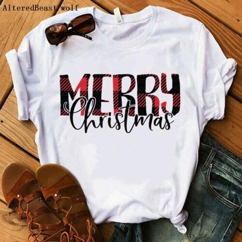Women letter Merry Christmas T Shirt plaid print vogue clothes women christmas t shirt female short sleeve white tshirt tops