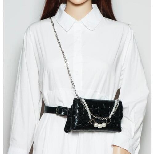 Double Chains Pearl Handbag Women PU Leather Waist Belt with Phone Bag Metal Chain Shoulder Bag Purse Lipstick Wallet Pack Bag