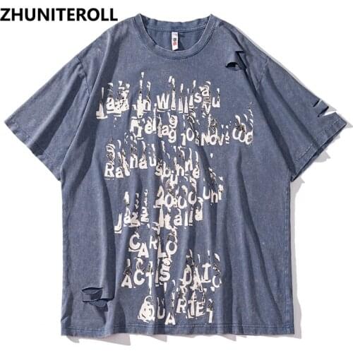 2021 Men Hip Hop Streetwear Hole T Shirt Letter Print T-Shirt Harajuku Fashion Cotton Summer Short Sleeve Oversized Tshirt Black