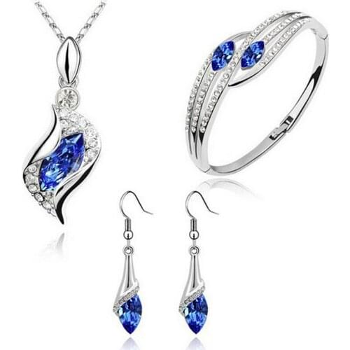 Hot Sale Silver colorJewelry Sets Fashion Water Drop Blue Pink Clear Zircon Crystal Necklace Bangles Earrings Set Luxury Jewelry