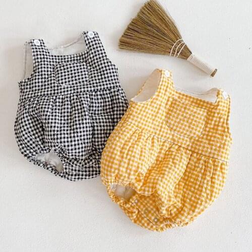 Infant Baby Girl Boy Sleeveless Rompers Grid Jumpsuit Baby Knitting Braces Rompers Newborn Baby Girls Boys Thicken Clothes