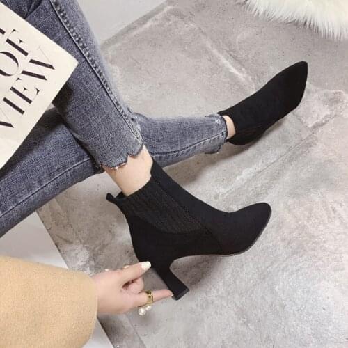 Autumn Winter Womens Knit Elastic Socks Boots Pointed Toe Chunky Heel Boots Black Fashion Ankle Chelsea Boots Chaussure U22-05