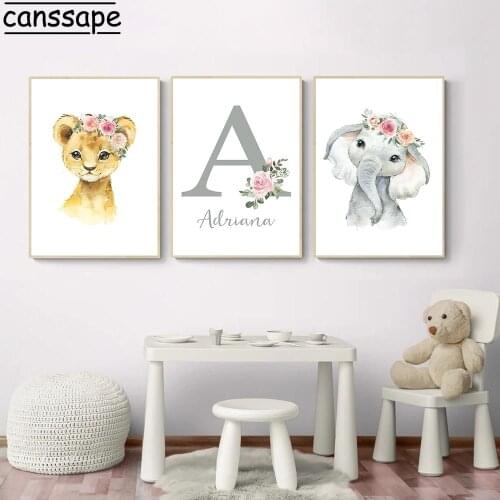 Personalized Initial Custom Name Poster Elephant Nursery Canvas Paintings Flower Wall Art Print Pictures Baby Girl Room Decor