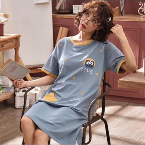 Girls nightwear dress large size cotton nightgown women cute cartoon sleepwear nightdress loose casual students night shirt