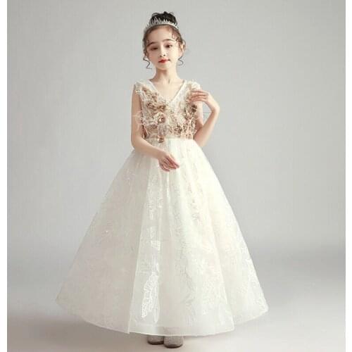 Flower Girl Dresses Sleeveless V-Neck Pearls Crystal Embroidery Appliques Princess Floor-Length Tulle Lace Kids Party Gown H379