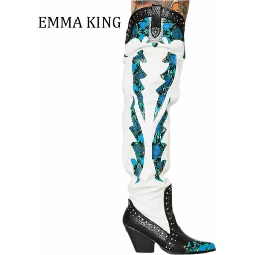 Fall Winter Women Cowboy Boots Sexy Snakeskin Faux Leather Over The Knee Western Boots Chunky Block Heels Women Botas De Mujer