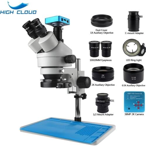7X-45X Trinocular Stereo Zoom Microscope Big Table Stand and Auxiliary Objective Lens HDMI Digita Camera for Phone PCB Soldering