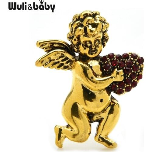Wuli&baby Heart Angel Brooches Women Vintage Rhinestone Holding Heart Angel New Year Brooch Jewelry Gifts