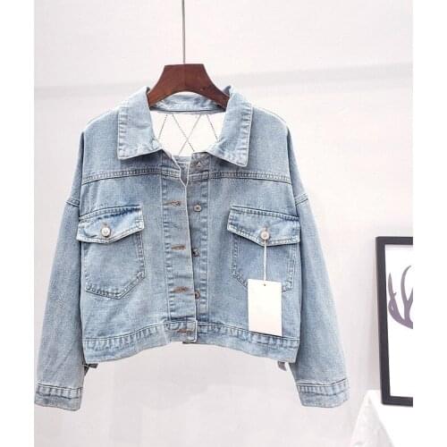 Harajuku Women New Sexy Backless Hollow Out Diamonds Tassels Denim Jacket Ladies Casual Hip Hop Loose Fit Short Outwear Coats