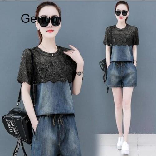 Women Sets Lace Patchwork T Shirt And Denim Shorts Suits Summer Vintage Drawstring Tops Sets Elegant Woman Two Piece Set
