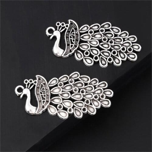 5Pcs Silver Color Lovely Peacock Shape Charms Finding Animal Pendant For Women Earrings Gift Jewelry Wholesale 44X21mm A3292