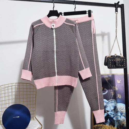 2020 autumn winter striped sweater women pants suits zipper cardigan pull femme + pants set Women two piece set