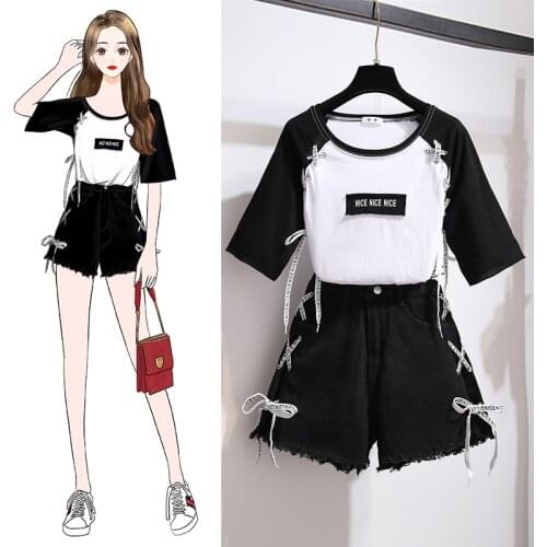 2020 Summer korean two piece set women patchwork bandage T-shirt + side bandage denim shorts set for girt student black Suits