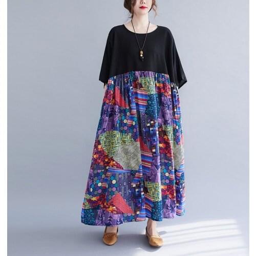 2021 New Summer Women Dress Plus Size 4XL 5XL 6XL Cotton Splicing Boho Dress Robe Female Vintage Oversize Beach Maxi Long Dress