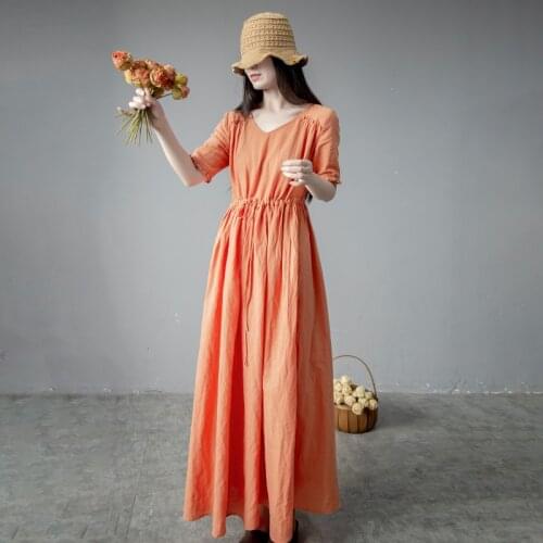 Women Loose Summer V Neck Waisted Dress Ladies Vintage Solid Color Short Sleeve Dresses Female 2020 Dress