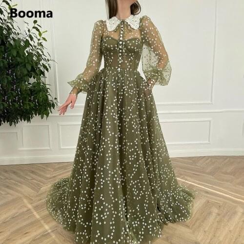 Booma 2021 New Green Daisy Tulle Prom Dresses Long Sleeves Buttoned Prom Gowns with Pockets A-Line Wedding Party Dresses