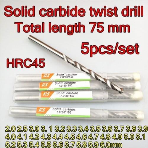 2.0mm-6.0mm x75mm Total length 75mm 5pcs/set HRC45 Made in Taiwan Solid carbide twist drill Free shipping