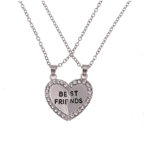 2pcs/set New Fashion Best Friend Necklace Women Gold Silver Heart Crystal Statement Pendant Friendship Jewelry Gift (nl004225)