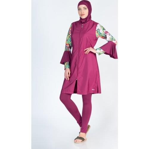 Alfasa 316 Long Sleeve The Tights Ruffle Sleeve Detail The Tights Full Off Hijab swimwear damson