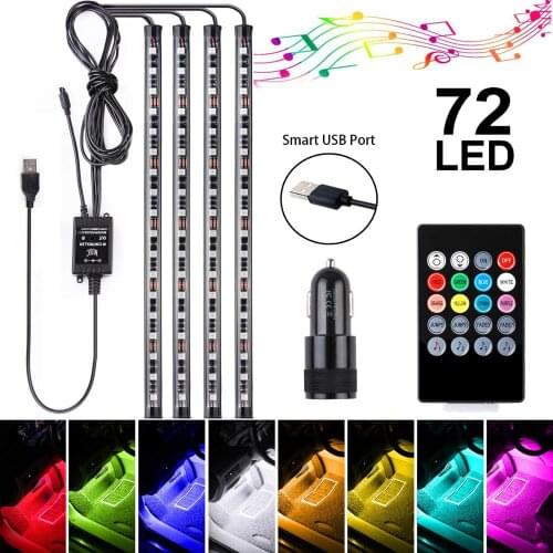Car LED RGB Strip Lights 4Pack 5V Addressable Smart Multicolor Music Atmosphere Light 72LEDs Car Interior Lamp with Remote
