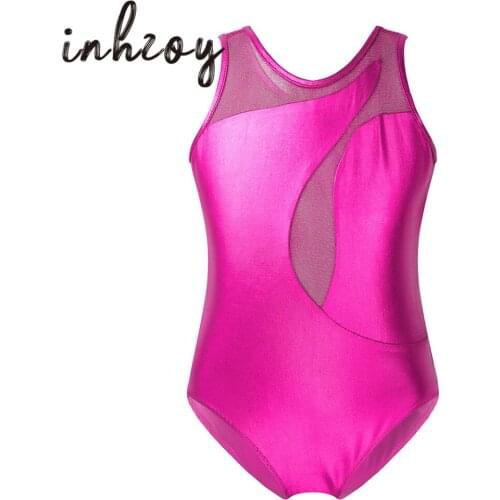 Kids Shiny Patent Leather Asymmetrical Tulle Splice Sleeveless Gymnastics Leotard Girls Ballet Stage Performance Dance Costume