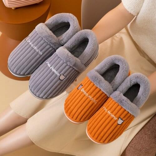Indoor Slippers Men Women Corduroy Stripe Upper Couple Home Plush Winter Slippers Men Warm Comfort Soft Non-Slip Mens Shoes