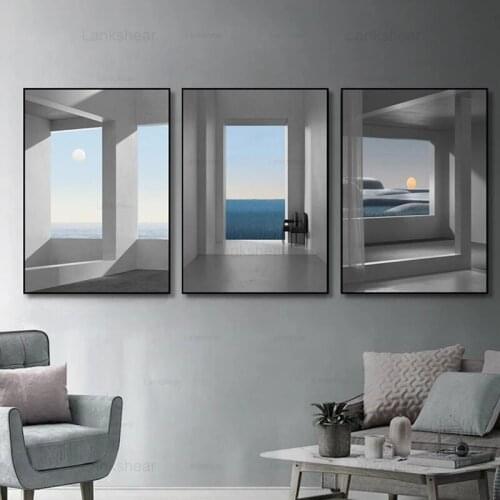 Nordic Canvas Painting Abstract Geometric Sunset In The Sea Posters Prints Black White Wall Art Picture Living Room Home Decor