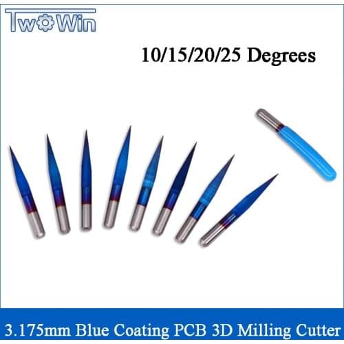 TwoWin 10pcs 3.175mm Blue Coating PCB 3D Milling Cutter 10/15/20/25 Degrees Tungsten Carbide V Shape PCB Engraving Bit CNC Route