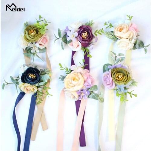 Meldel Artificial Flower Silk Rose Wedding Bridesmaid Wrist Corsage Girl Bracelet Flower Men Boutonniere Wedding Planner Flowers