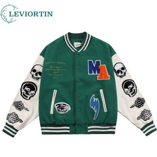 High Street Skull Embroid Mens Baseball Bomber Jacket Pu Leather Spring&Autumn Unisex Couple Hip Hop Coat Women Style Varsity