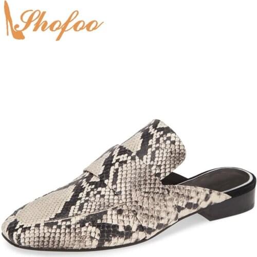 Snake Pattern Round Toe Flat Mules Woman Slip On Soft Leather Large Size 11 12 For Ladies Summer Footwear Holiday Fashion Mature