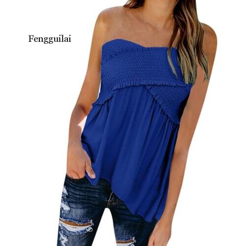 2020 New Tshirt Women Fashion Sexy Solid Sleeveless Slash Neck Loose Ruched T-shirt Tops