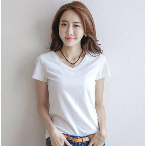 New Womens White Short Sleeve T-shirt Basic Bottoming Shirt Sping Summer Solid Black Tees Slim Women Clothes Cheap Wholesale