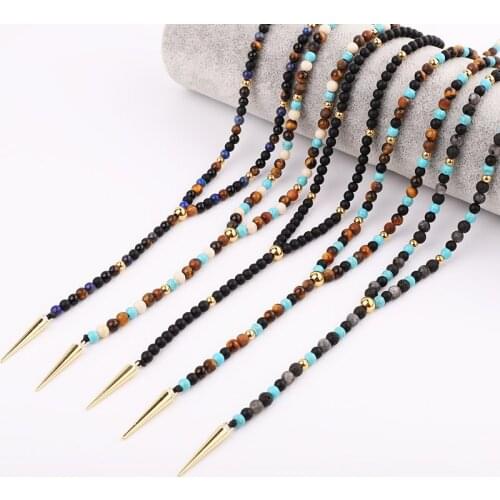 New Men Necklace Natural Stone Beads Tiger Eye Matte Onyx 316L Stainless Steel Cone Pendant Necklace Jewelry Gift Men