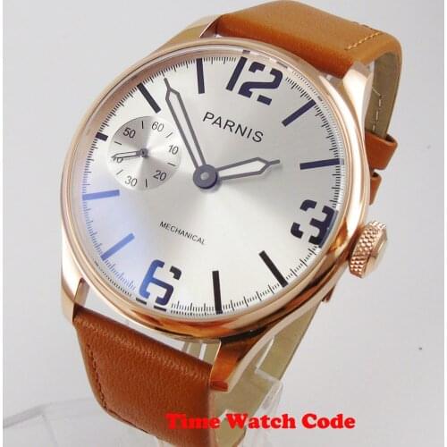 Parnis 46.5mm Mens Watch Sliver Dial hand-winding ST3600 movement rose golden plated brown leather strap 12-hour mechanical